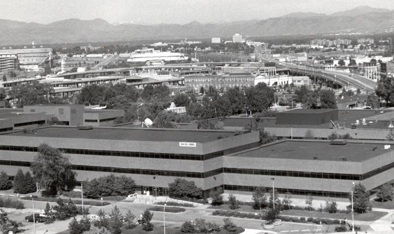 Aerial view of Cherry Creek Building and campus from across Speer taken in 1993